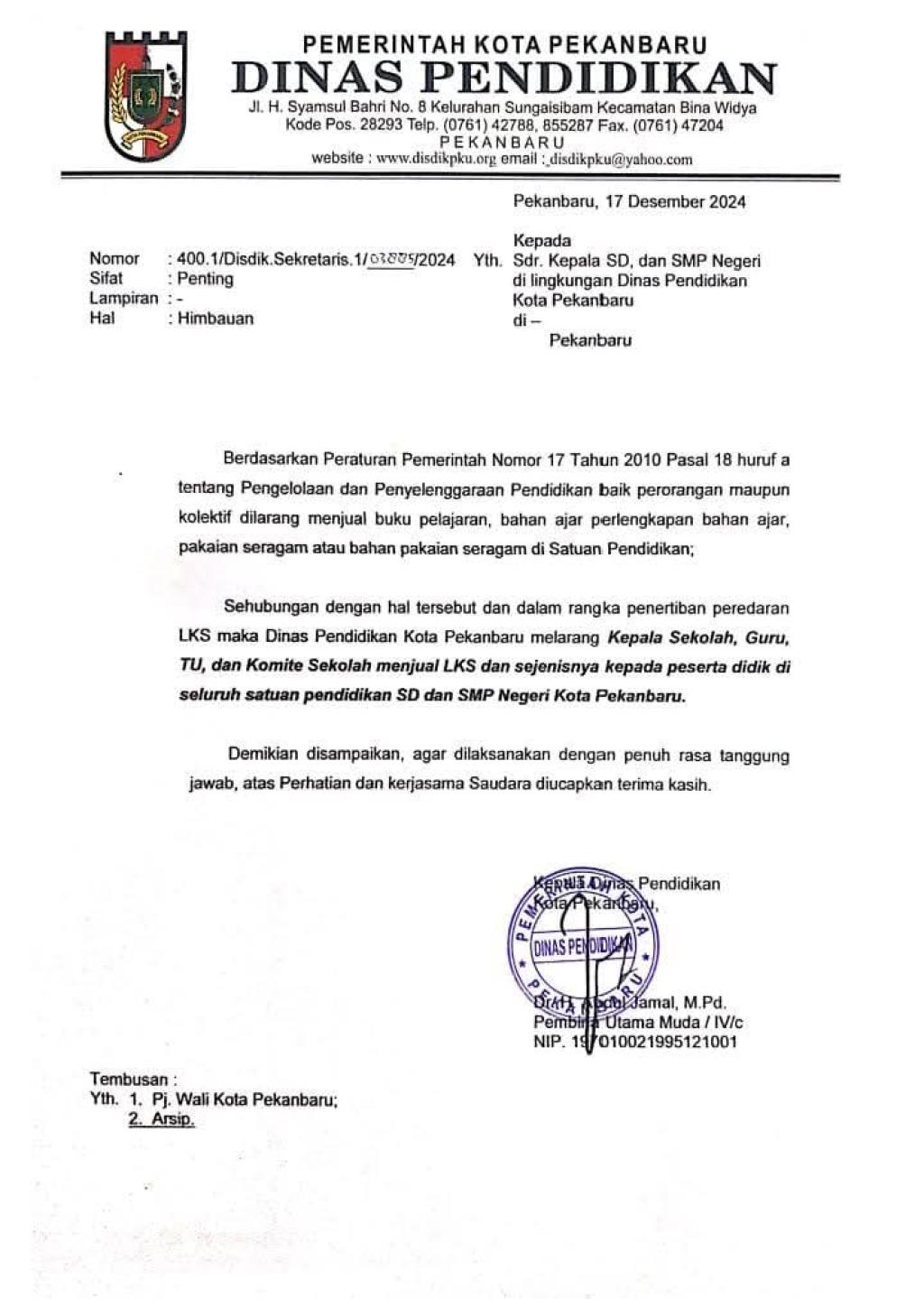 Disdik Pekanbaru Larang Kepsek SD dan SMP Jual LKS, Ini Sanksi Bagi yg Melanggar