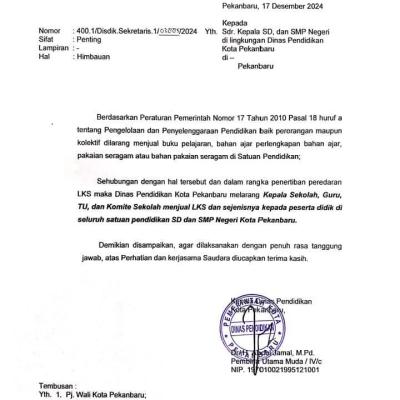 Disdik Pekanbaru Larang Kepsek SD dan SMP Jual LKS, Ini Sanksi Bagi yg Melanggar