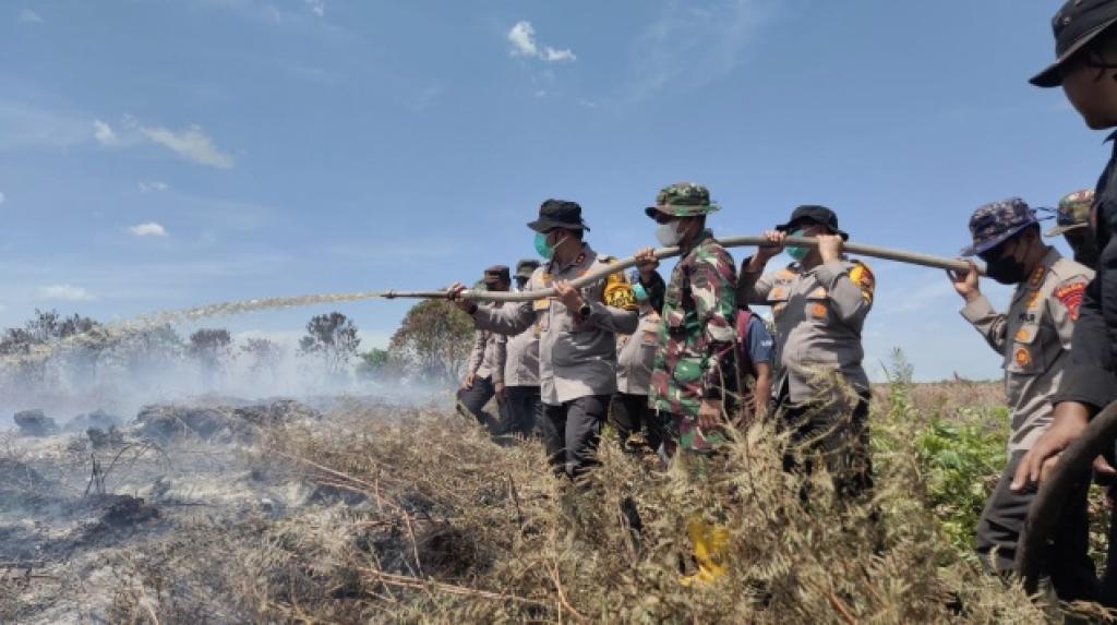 Kolaborasi Polisi-TNI-BPBD Berjibaku Padamkan Karhutla di Rokan Hilir