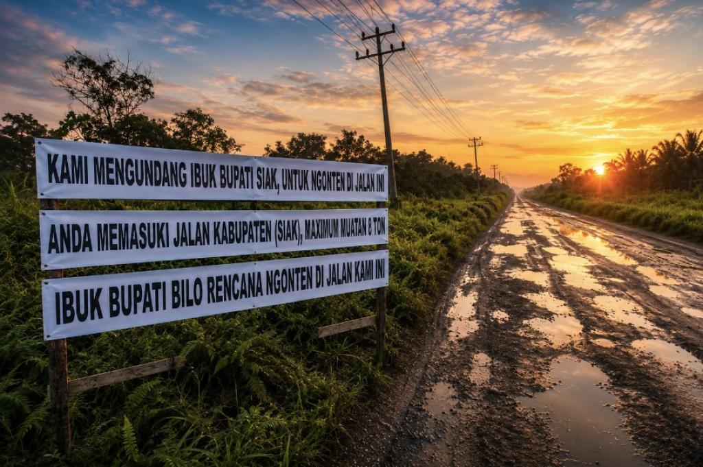Warga Bentang Spanduk Sindir Bupati Siak, Jalan Sungai Rawa Hancur Diduga Digilas Truk Bertonase Besar